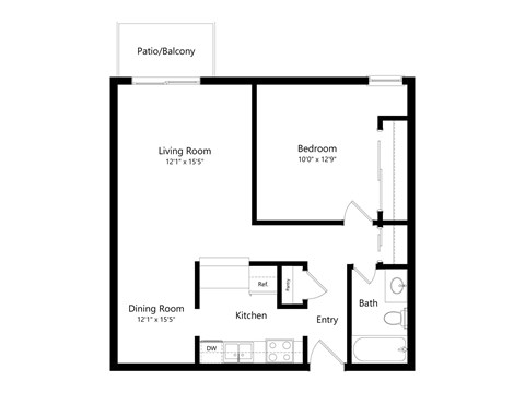 Floor plan for 1 bed, 1 bath, 725 sqft